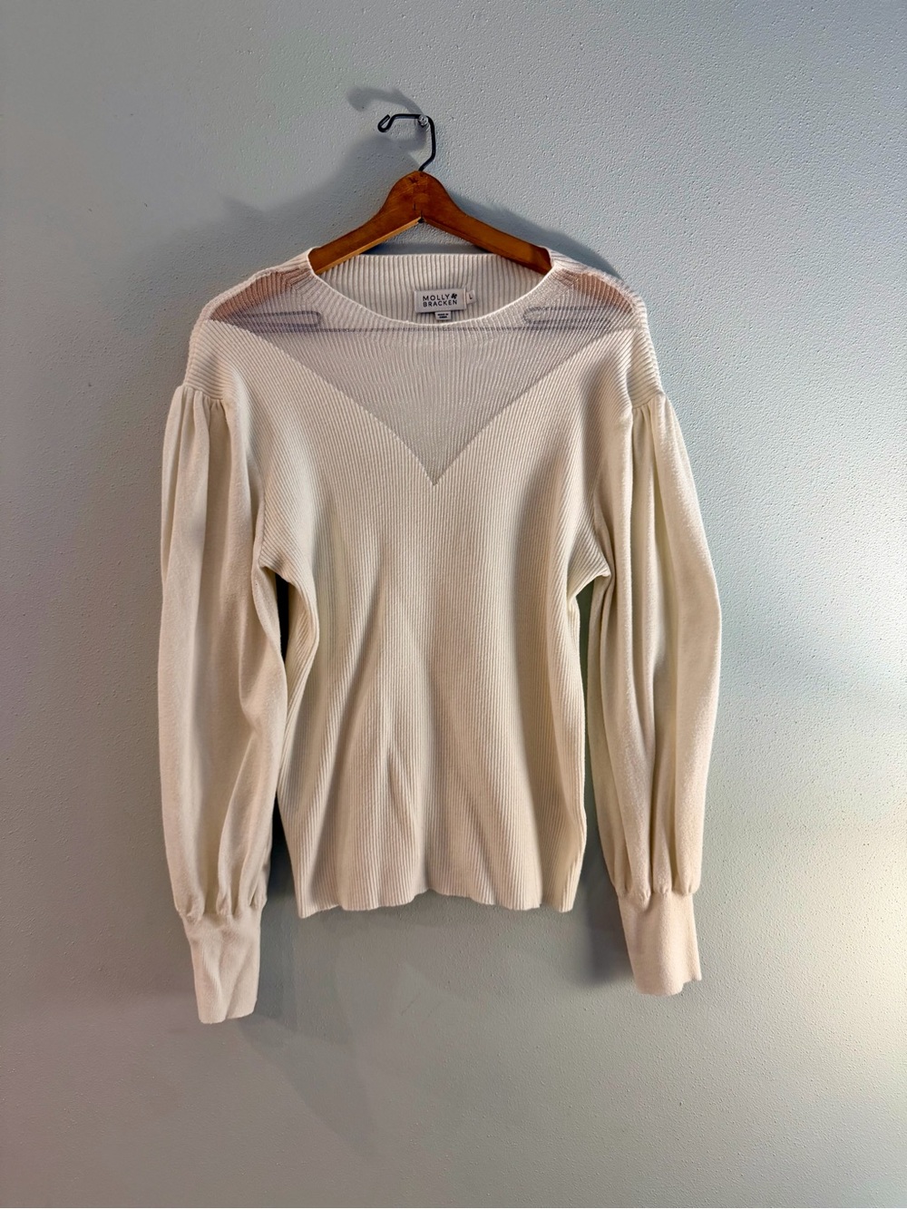 Molly Bracken Cream Ribbed Puff Sleeve Crewneck Sweater